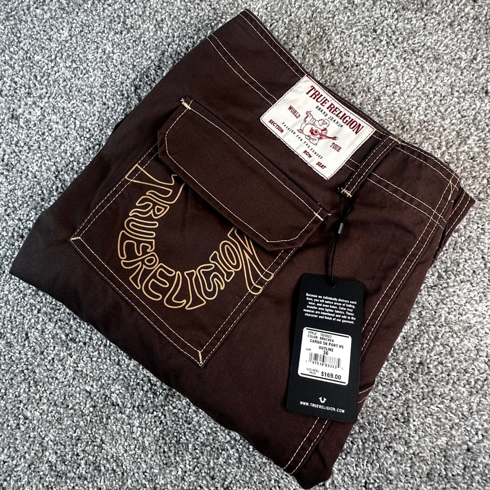 True Religion Cargo SN Pants Mens 36 Bracken Brown Stitch Streetwear NEW